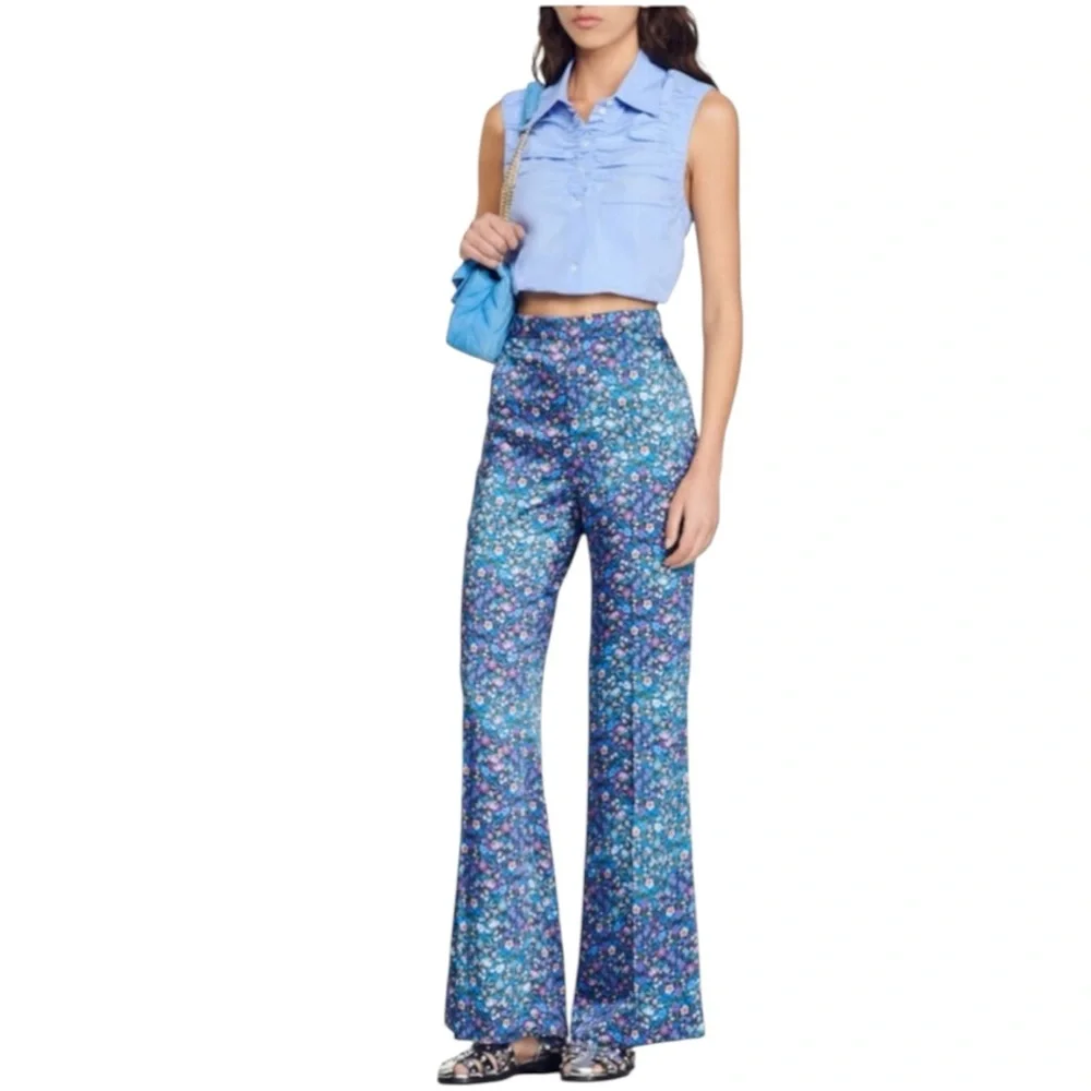 NWT Sandro Donelo Satin Floral Flare Pants in Blue Multi Size XS - Picture 2 of 13